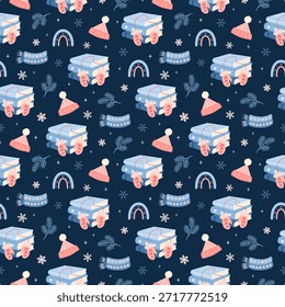 Cozy winter seamless pattern with books, warm clothes elements, rainbow, snowflakes and branches. Christmas bookish background, Book lover print, Holiday reading, Pastel bookstore graphic.
