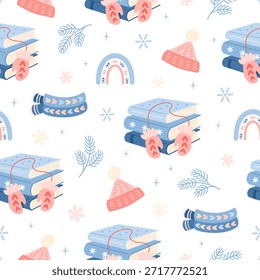 Cozy winter seamless pattern with books, warm clothes elements, rainbow, snowflakes and branches. Christmas bookish background, Book lover print, Holiday reading, Pastel bookstore graphic.