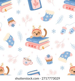 Patrón inconsútil del invierno acogedor con los libros, el gato, la taza, el calcetín, la magdalena y las ramas. Navidades fondo de libro, impresión de amante del libro, lectura de Festiva, gráfico de la librería pastel.