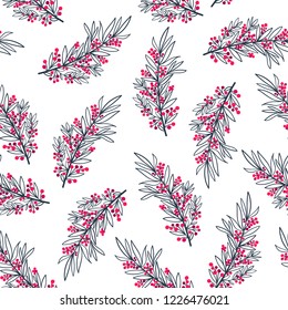 Cozy winter seamless pattern with branch and red berry on a white background. Christmas background for greeting, invitation card and postcard. Textile print for linen or tablecloth. Wrapping paper