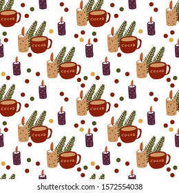 Cozy winter seamless pattern with candles, cocoa and fir branches. Hand drawn illustration. 
