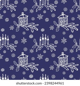Cozy winter seamless pattern with doodle hand drawn elements of candle and branch.Endless texture for gift wrap, wallpaper, web banner, wrapping paper and fabric. Vector holiday background