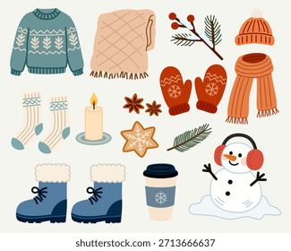 Cozy winter season elements in flat hand drawn style for holiday, seasonal, and festive designs.