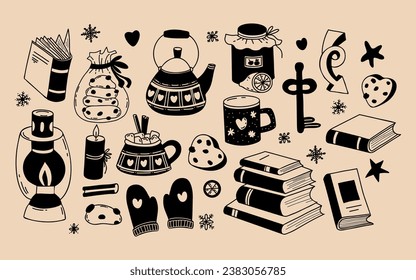 Acogedora temporada de invierno y colección de pasatiempos. Libros, galletas, mermelada y taza con tetera, lámpara y mitones en forma de doodle dibujado a mano. Ilustración del vector