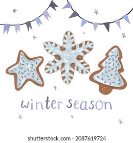 Cozy winter season illustration with gingerbread cookies, flags adn snowflakes.