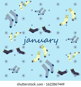 Cozy winter seasonal pattern with socks on light blue background