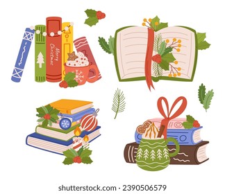 Cozy Winter Set of Christmas Book Piles and Stacks, Cups Of Steaming Cocoa, Holly Berries, Candles And Twinkling Lights, Create A Festive And Inviting Holiday Atmosphere. Cartoon Vector Illustration