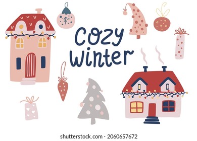 Cozy winter. Set of Christmas elements. Winter houses, gifts, toys and decorations. Perfect for Scrapbooking Greetings, Greetings, Invitations, Tags. Vector hand draw cartoon illustration. 