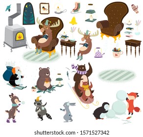 Cozy winter set of illustrations with animals and objects of the interior. Perfect for cozy vibes. Ideal for decorating prints, posters, greeting cards, stickers. Vector illustrations.