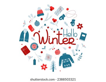 Gemütliches Winterset. Pflanzen, Kleidung, Dekorationen, Geschenke. Weihnachtsdesign-Elemente für Karten, Scrapbooking, Aufkleber. Vektorgrafik auf weißem Hintergrund.