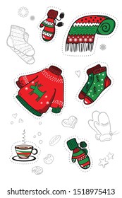 Cozy winter. Set of vector illustrations. Scarf, sweater, mittens, socks. Red and green.