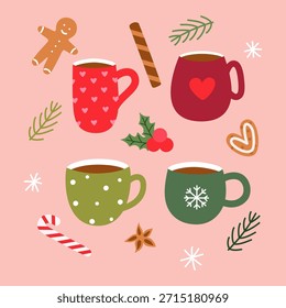 A cozy winter set of vector images of drinks and sweets, done in a hand-drawn style