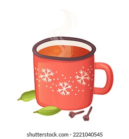 Cozy winter spiced tea or grog with with cardamom and cloves in realistic cartoon style