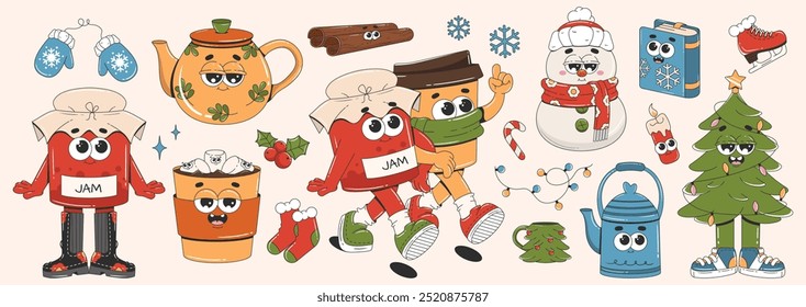 Cozy winter stickers set. Cartoon elements perfect for scrapbook, poster, invitation, sticker kit. Retro groovy characters - snowman, mittens, socks, book, coffee cup, jam jar, teapot.