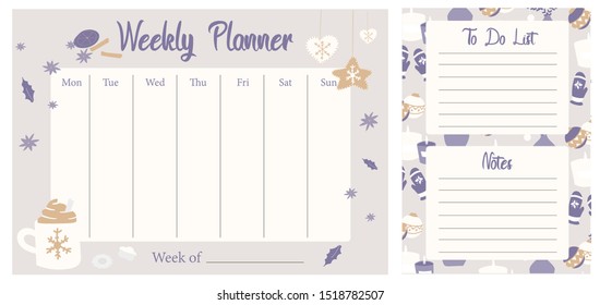 Cozy winter style weekly planner template  with to do list and notes.Scandinavian style hand drawn vector illustration with  home elements and pattern background.