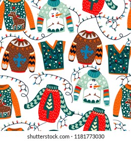 Cozy winter sweaters. Hand drawn colored vector seamless pattern