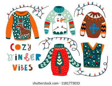 Cozy winter sweaters. Hand drawn colored vector set. All elements are isolated