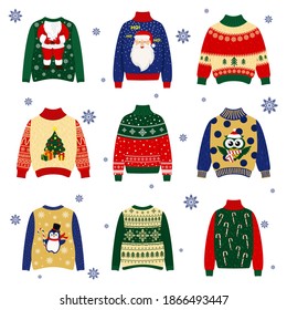 Cozy winter sweaters. Hand drawn colored vector set.Festive Xmas and New Year jumpers design elements bundle.