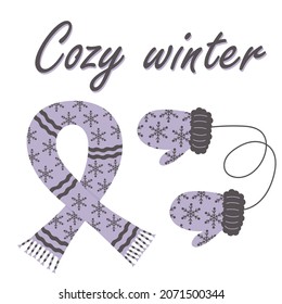Cozy winter text with knitted scarf and mittens. Winter holiday banner. Cozy warm clothes.