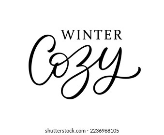 COZY WINTER text. Printable graphic tee. Design cozy winter for print. Vector illustration. Black and white. Cartoon hand drawn calligraphy style.