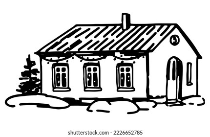 Cozy winter time house. Doodle of snow-covered country scene. Hand drawn vector illustration. Single outline clip art isolated on white.