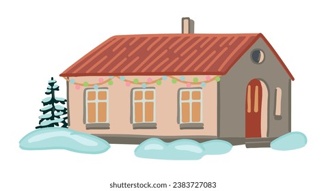 Gemütliches Winterhaus. Doodle der schneebedeckten Landschaft. Cartoon, Vektorgrafik. Zeitgenössische Clipkunst einzeln auf Weiß.