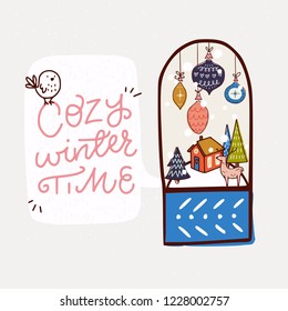 Cozy Winter Time playful hand lettering. Winter scene with cute cabin in a snowy forest and Christmas baubles in a hand drawn snow globe. Holiday invitation or greeting card. Vector illustration.