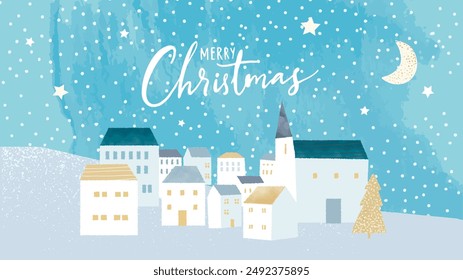 Cozy winter town, merry Christmas greeting card, watercolor textures on night snowy sky. Horizontal wide modern holidays greetings.