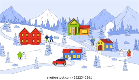 Cozy winter town in snowy mountains woods flat illustration. Townsfolk 2D characters cartoon background. Wintry destination for vacation in Christmas village scene vector storytelling image