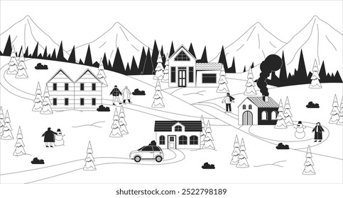 Cozy winter town in snowy mountains woods black and white line illustration. Townsfolk 2D characters monochrome background. Wintry destination for vacation in Christmas village outline vector image