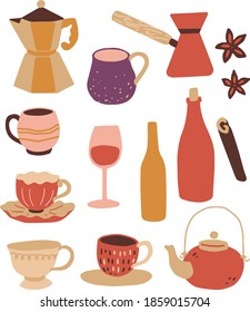 Cozy winter vector clip art cute coffee and tea cups, wine glass and spices.  Gazer coffee maker, tea pot illustration poster, greeting card, poser design elements, cafe, menu.