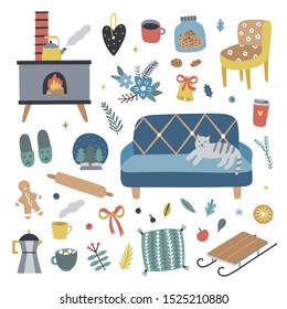 Cozy winter vector illustrations on white background. Happy holidays elements set: furniture, sweet food, Christmas decorations