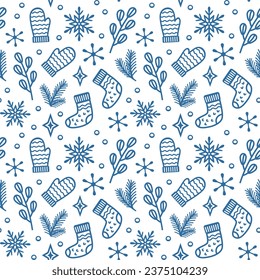 Cozy winter vector seamless pattern with mittens, socks, fir branches and snowflakes. Line drawing style, wallpaper design, textile and wrapping paper print.