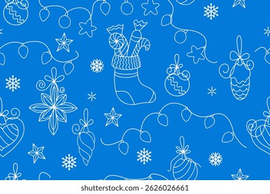 Cozy winter vector seamless pattern with Christmas decor and snowflakes. Line drawing style, for wallpaper design, textile and wrapping paper printing. Vector