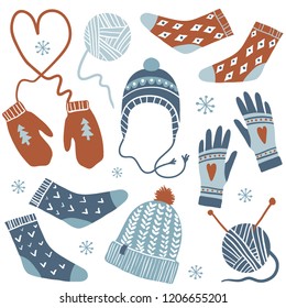 Cozy Winter. Vector Set Of Cute Winter Accessories: Socks, Hats, Mittens, Knitting Tools And Yarn. Hand Draw Collection Of Clothes With Ornaments. New Year And Winter Holiday Symbols