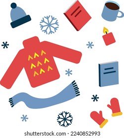 Cozy winter, vector set. Sweater, hat, scarf, mittens, books, candle, mug and snowflakes. Red and blue colors.