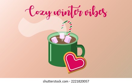 cozy winter vibes vector flat illustration hot chocolate with marshmallows isolated gingerbread heart shaped cookies 