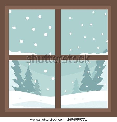  Cozy winter view from a window showing falling snow and pine trees, perfect for Christmas, cold season, and holiday decoration designs.