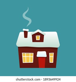 Cozy winter village house with chimney and smoke in the evening. Vector illustration in flat and cartoon style