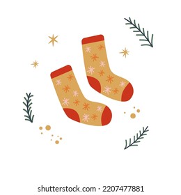 Cozy Winter Warm Socks With Snowflakes. Christmas And Happy New Year Illustration. Vector Winter Hand Drawn Socks.