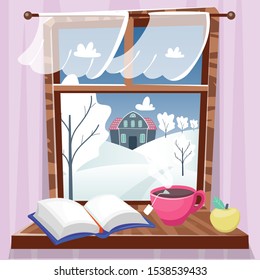 Cozy winter window with beautiful view with trees, house and field. Book, apple and cup of tea on the windowsill. Hygge concept. Vector illustration cartoon flat style.