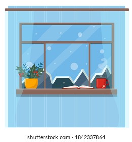 Cozy winter window. A cup of hot tea, open book and bouquet of branches and leaves on a windowsill. Vector illustration.