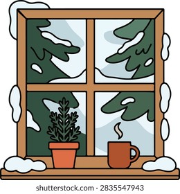 Cozy winter window view with a steaming cup of coffee and small potted plant hot coffee pine trees winter morning hot drink snow covered steaming mug weather season illustration