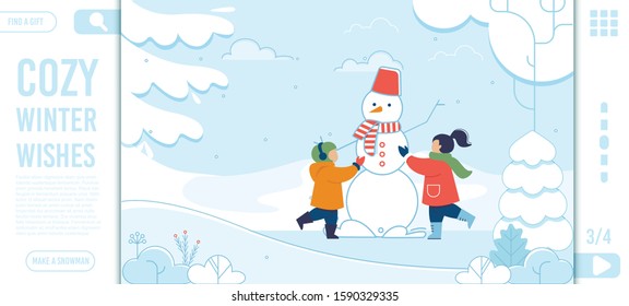 Cozy Winter Wishes Text and Happy Kids Landing Page Trendy Flat Design. Cheerful Children Having Fun Together Making Snowman. Active Rest on Holidays Vacation. Vector Cartoon Illustration