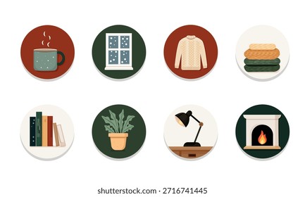  Cómodos iconos de trabajo de invierno. Una taza con una bebida caliente, una ventana cubierta de nieve, una chimenea y libros crean un ambiente acogedor, cálido y creativo. Arte vectorial. aislado sobre fondo blanco.