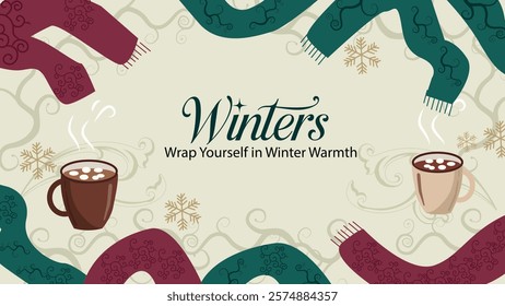 A cozy winter-themed illustration featuring steaming cups of hot chocolate surrounded by mittens, inviting you to enjoy the warmth of the season. Perfect for those chilly days, this image captures the