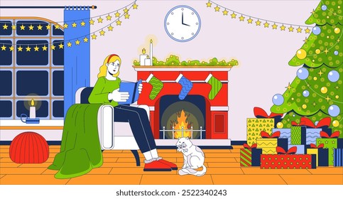 Cozy woman reading book fireplace Christmas flat illustration. Blonde girl in armchair enjoying novel 2D character cartoon background. Spending xmas alone with cat scene vector storytelling image