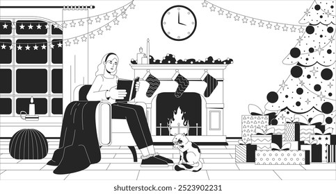 Cozy woman reading book fireplace Christmas black and white line illustration. Blonde girl in armchair enjoying novel 2D character monochrome background. Spending xmas alone with cat outline vector