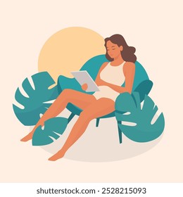 Cozy woman reading in a swimsuit. Summer girl plam leaves concept flat design illustration.