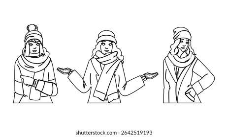 cozy woman snow hat vector. stylish warm, beanie trendy, fleece knit cozy woman snow hat character. people black line pencil drawing illustration
